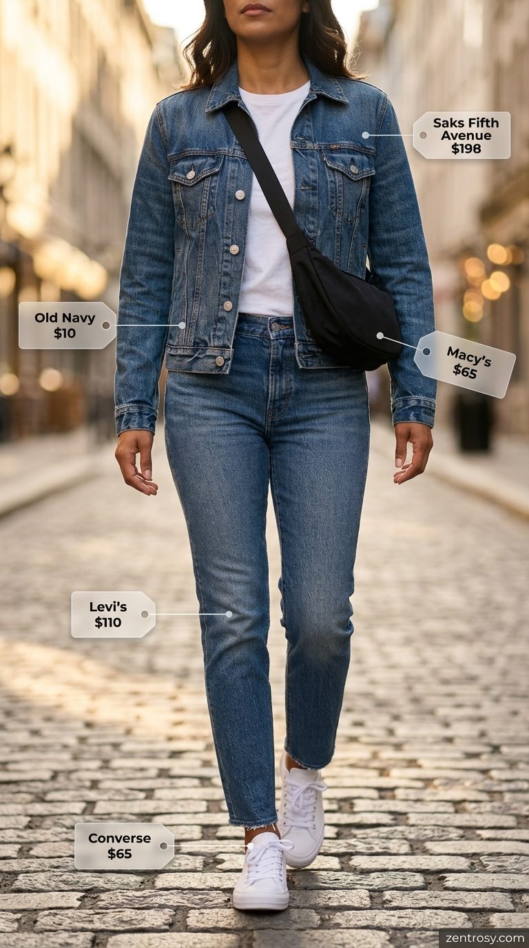 Cute summer tops outfit 2026: Casual denim jacket look with white tee, jeans, and sneakers.