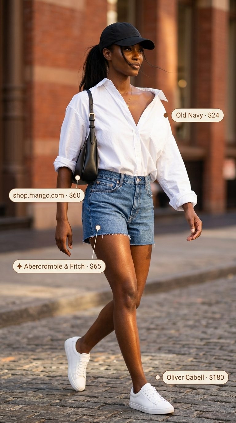 Cute summer tops outfit 2026: White oversized shirt with denim shorts, black crossbody, cap, and white sneakers.