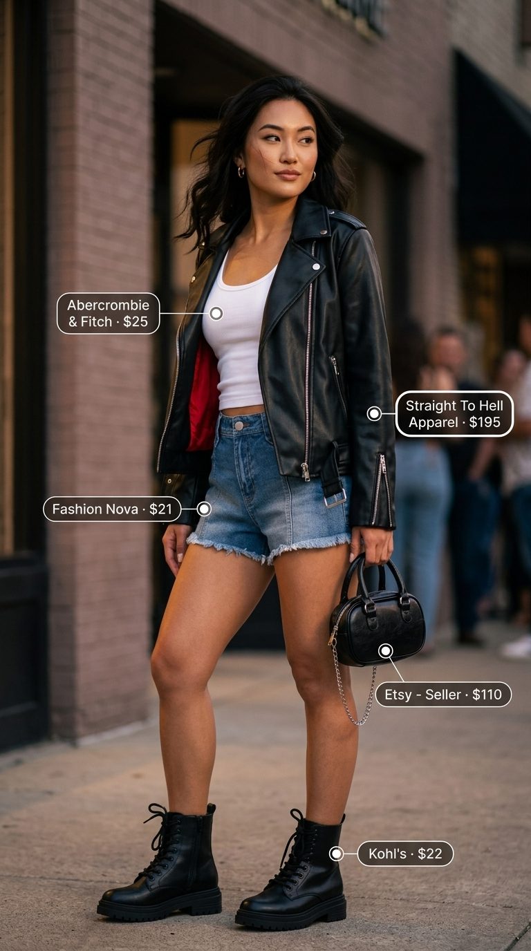 Cute summer tops outfit 2026: Faux leather jacket, white tank, denim shorts, combat boots for edgy summer nights.