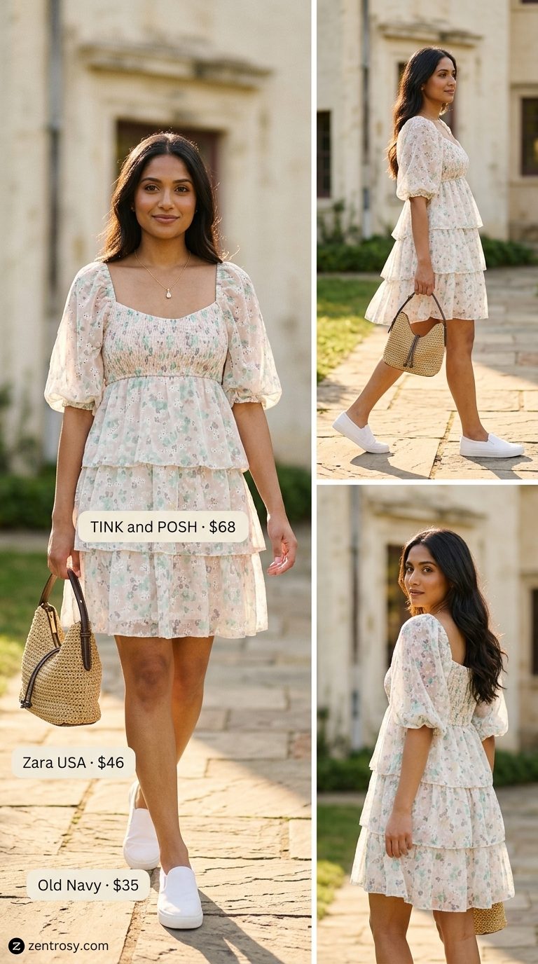 Cute summer tops outfit 2026: Floral puff sleeve mini dress, white sneakers, raffia bag for a sweet garden party.