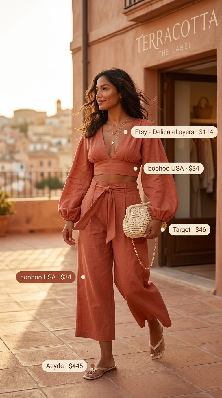 Cute summer tops outfit 2026: Terracotta linen crop top and wide-leg pants set with gold necklaces and straw clutch.