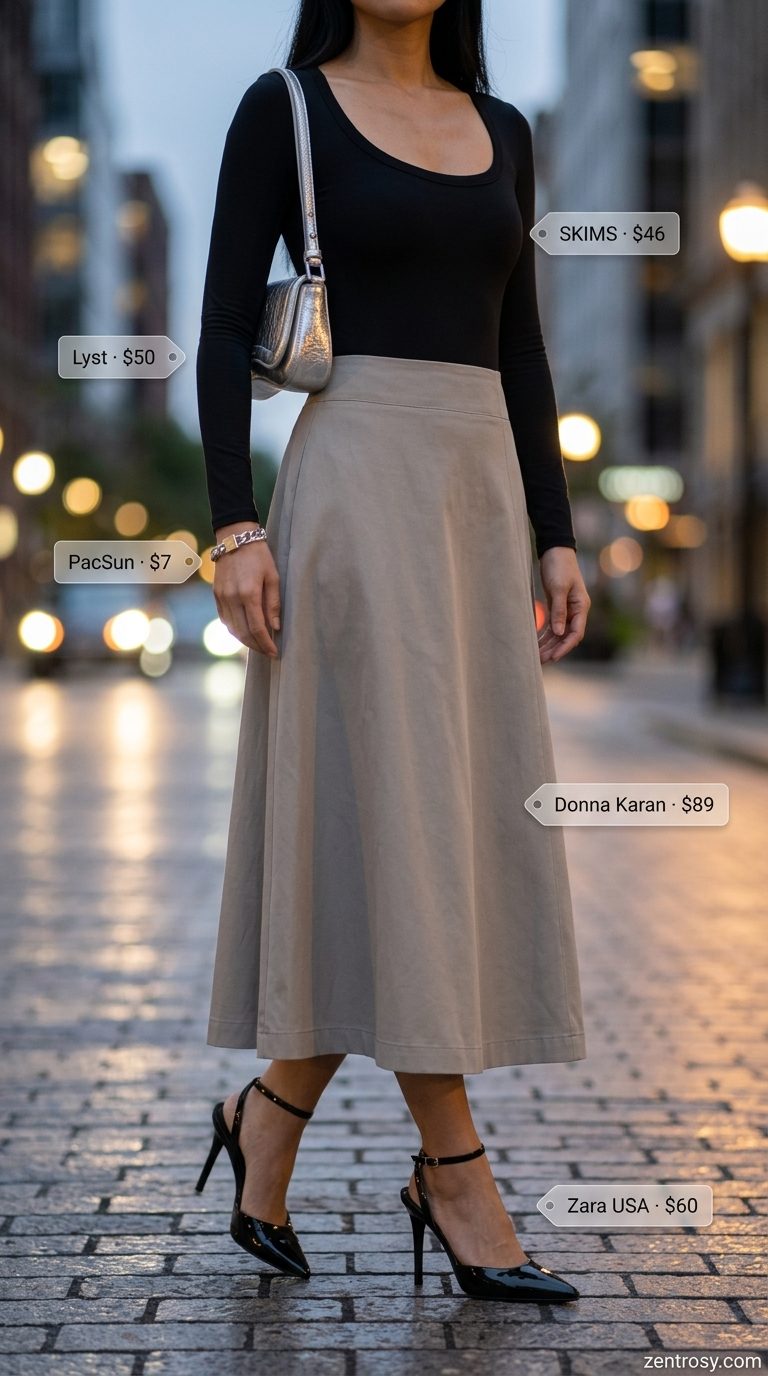 Cute summer tops outfit 2026: Stone grey midi skirt, black bodysuit, heels for a sophisticated dinner date. Chic & modern.