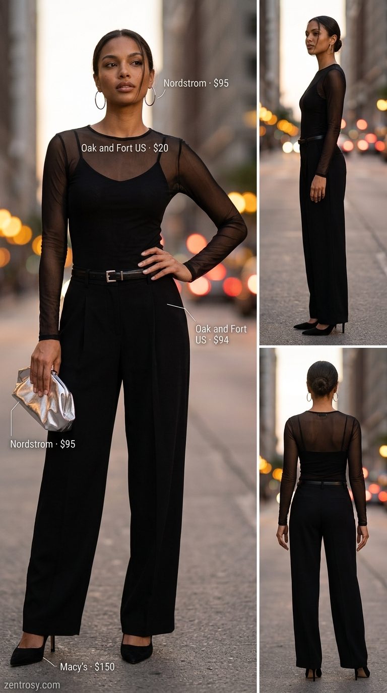 Cute summer tops outfit 2026: Monochrome black outfit with mesh top, wide-leg pants, and heels.