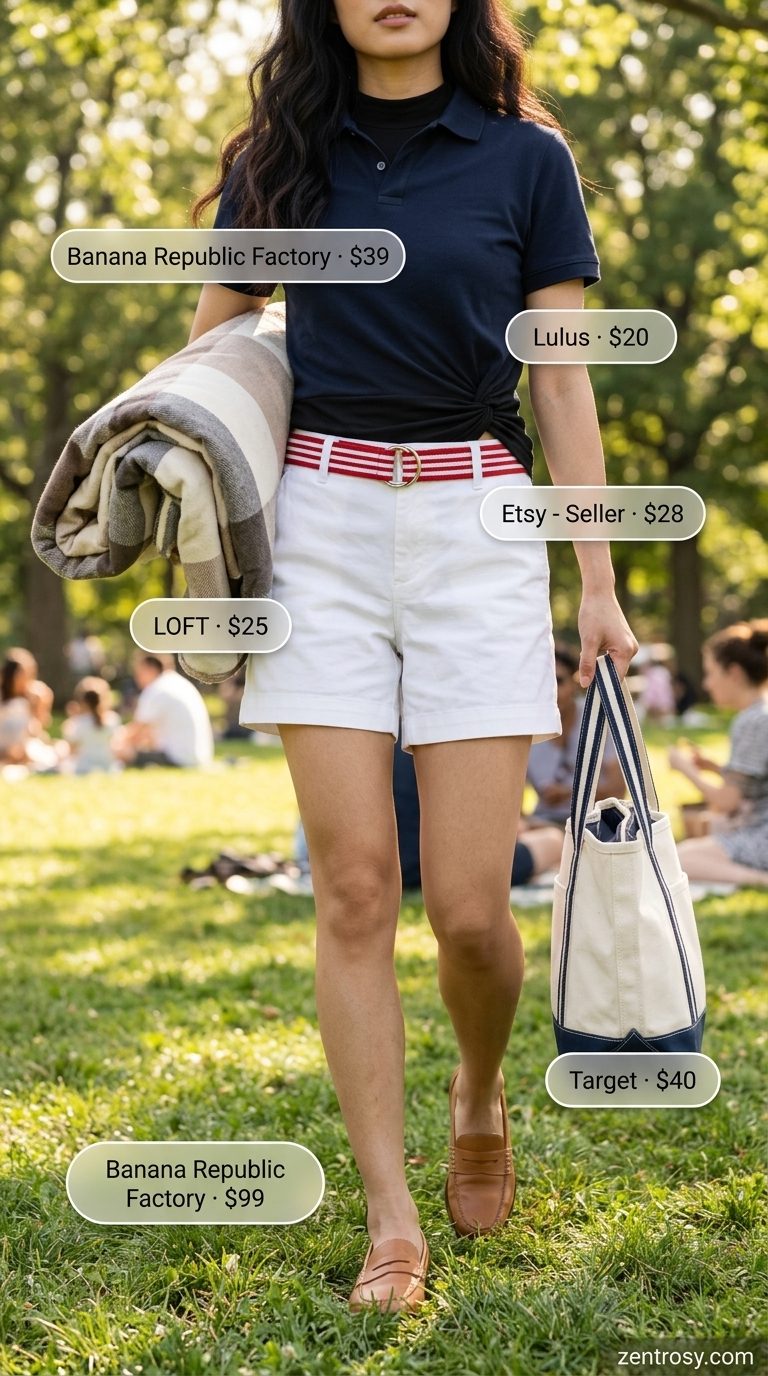 Cute summer tops outfit 2026: Preppy picnic look with navy polo, white shorts, and penny loafers.