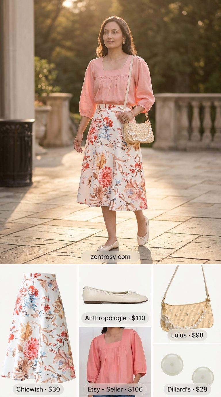 Cute summer tops outfit 2026: Blush puff sleeve top with floral midi skirt, pearl earrings, and straw crossbody.