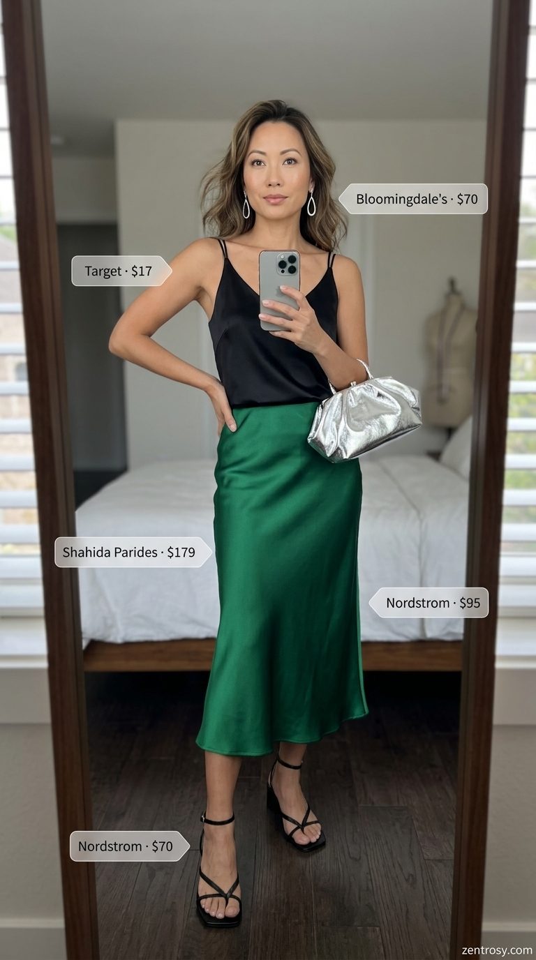 Cute summer tops outfit 2026: Emerald green satin slip skirt with black camisole, silver earrings, and strappy heels.