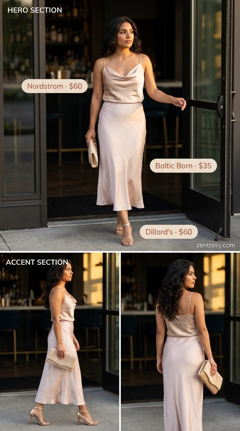 Cute summer tops outfit 2026: Coral satin cami, champagne midi skirt, heels for an elegant date night. Romantic & sophisticated.