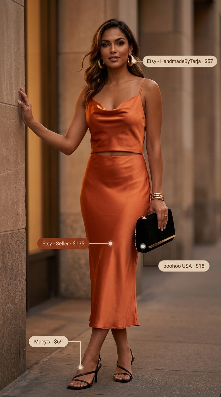 Cute summer tops outfit 2026: Sunset orange slip dress for date night with gold hoops and black heels.