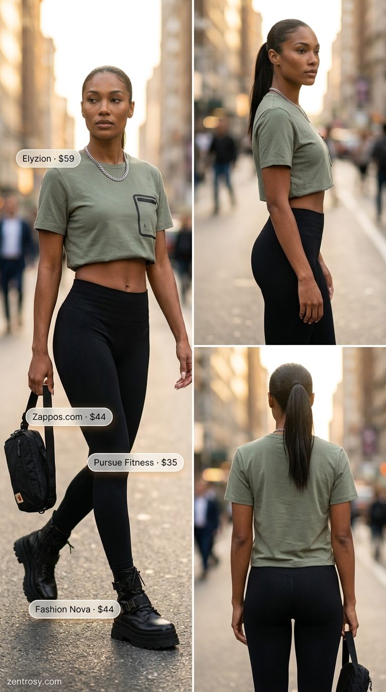 Cute summer tops outfit 2026: Olive green cargo tee, black leggings, combat boots for city exploration. Edgy & utilitarian.