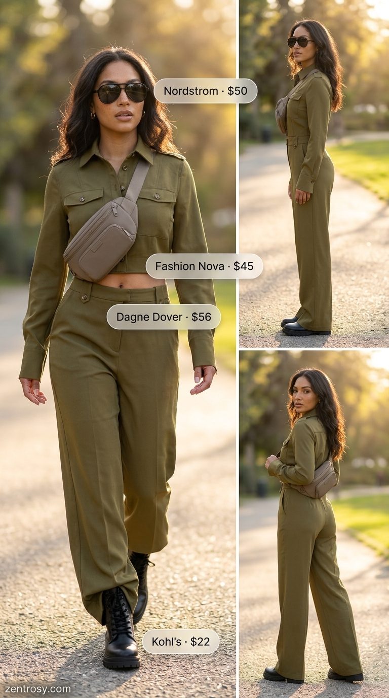 Cute summer tops outfit 2026: Olive green utility jumpsuit with combat boots, aviator sunglasses, and belt bag.