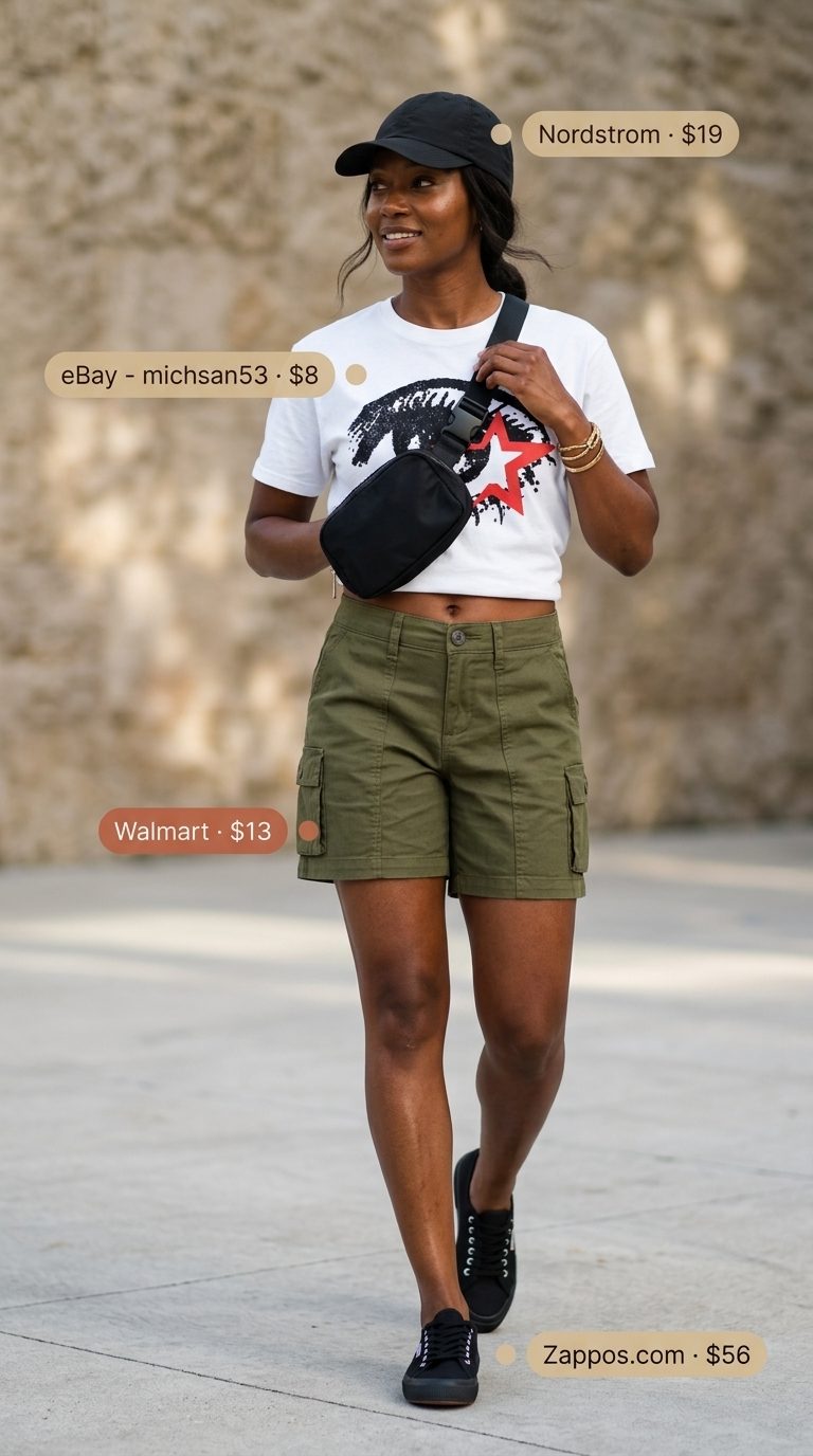 Cute summer tops outfit 2026: White graphic tee, olive green cargo shorts, sneakers for weekend adventures. Casual & practical.