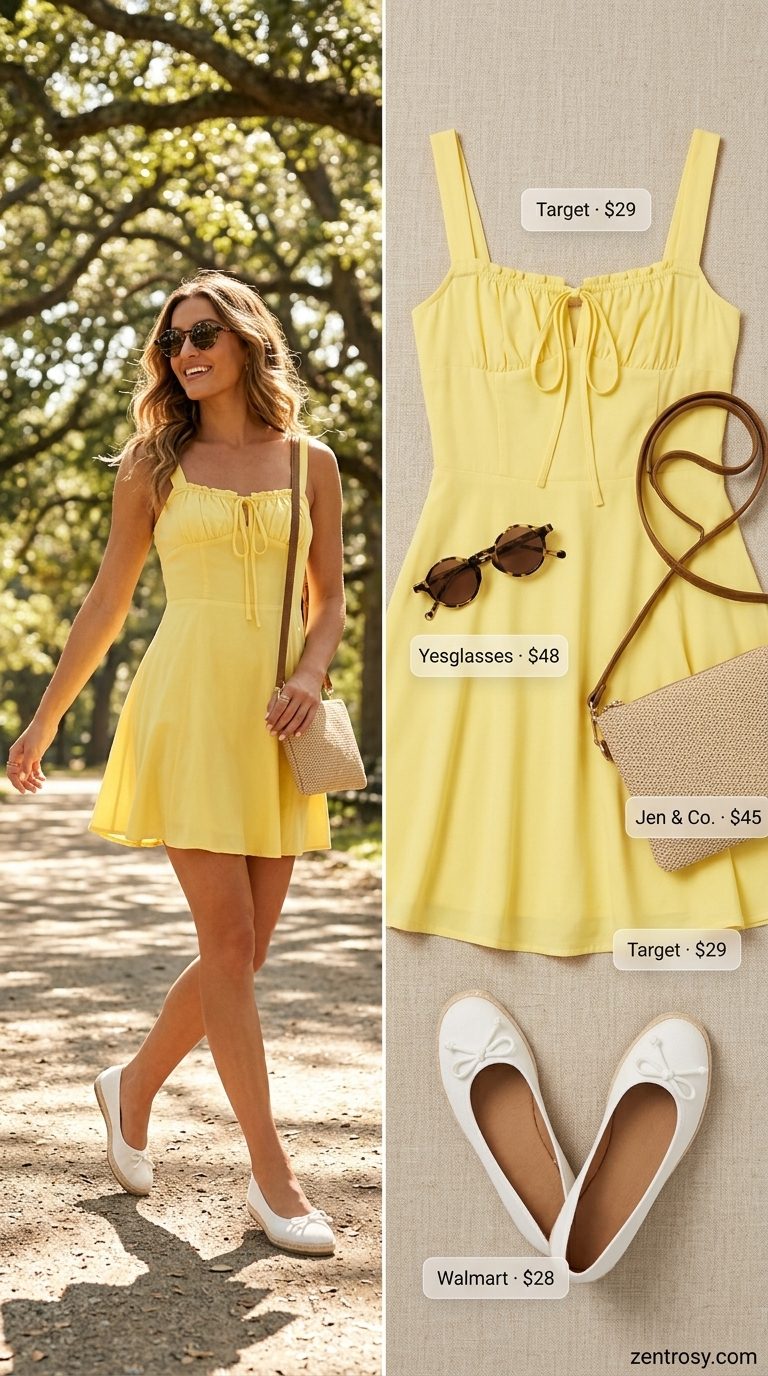 Cute summer tops outfit 2026: Bright yellow sundress with white espadrilles, straw crossbody, and round sunglasses.
