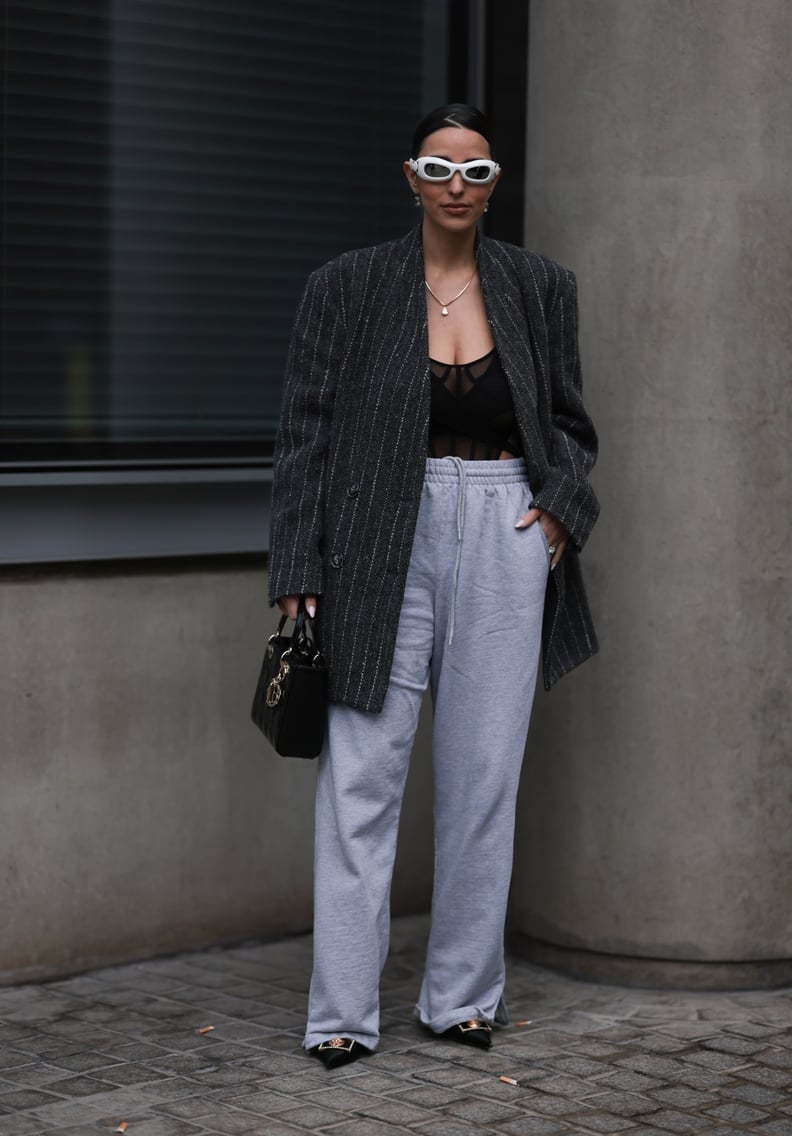Grey Sweatpants with Pinstripe Blazer — Cute Sweatpants Outfit Inspo