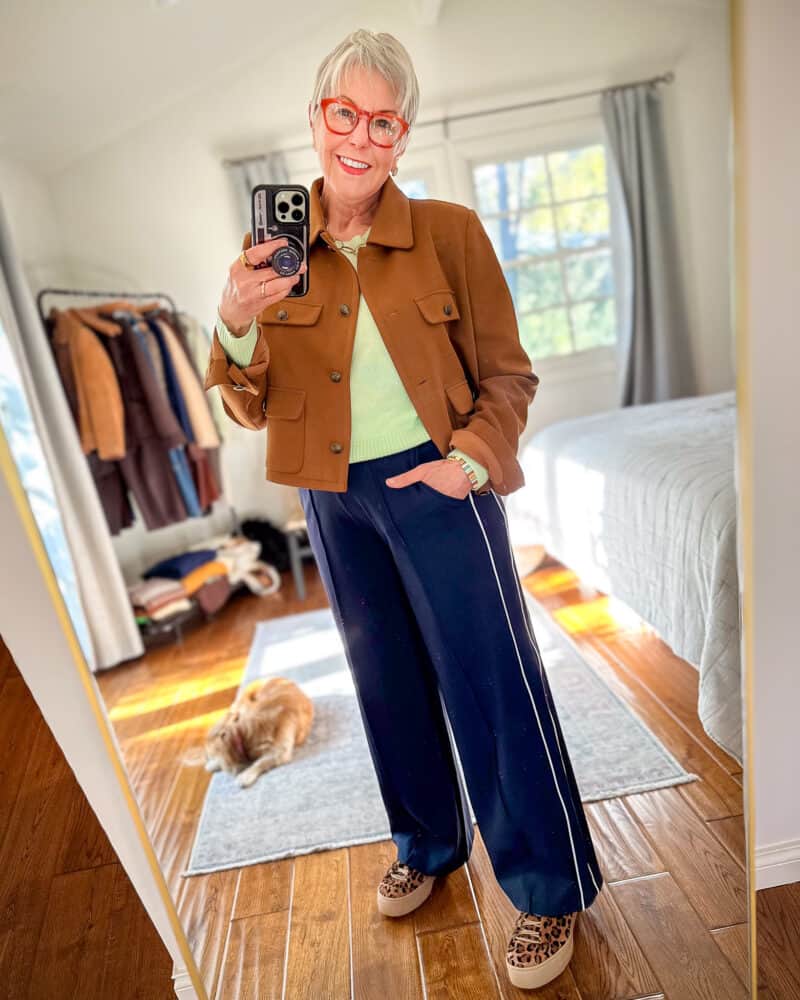 Navy Track Pants with Leopard Sneakers — Cute Sweatpants Outfit Inspo