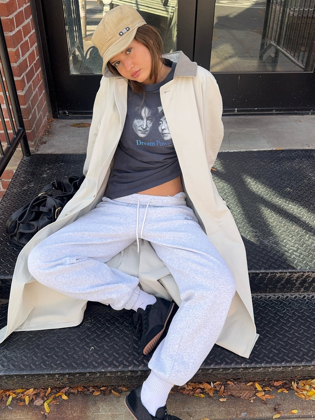 Light Grey Sweatpants with Trench Coat and Loafers — Cute Sweatpants Outfit Inspo