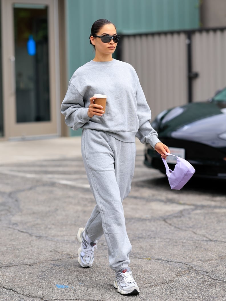 Monochromatic Grey Sweat Set with Lilac Handbag — Cute Sweatpants Outfit Inspo