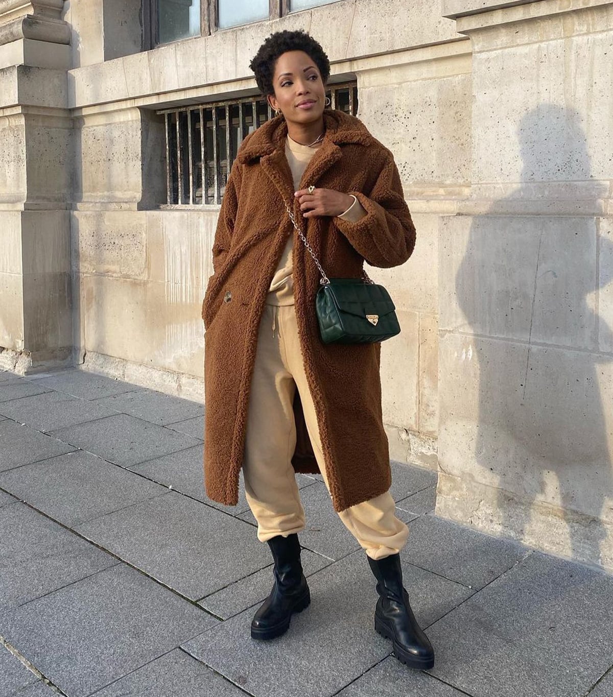 Beige Sweatpants with Teddy Coat — Cute Sweatpants Outfit Inspo