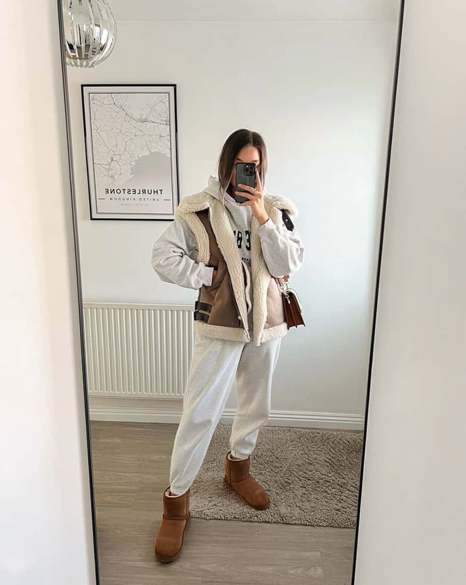 Grey Sweatpants with Shearling Vest — Cute Sweatpants Outfit Inspo