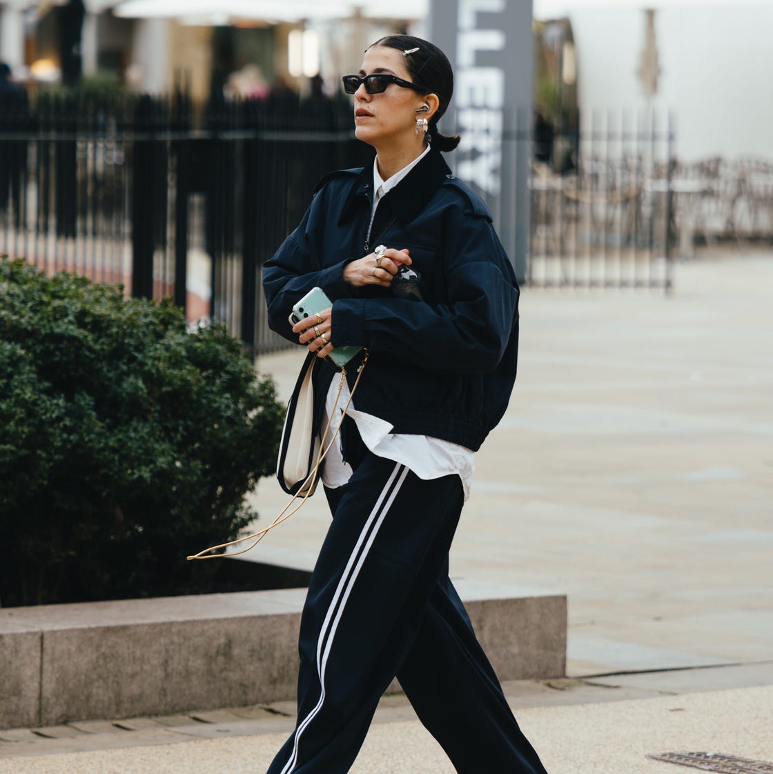 Navy Track Pants with Bomber Jacket — Cute Sweatpants Outfit Inspo