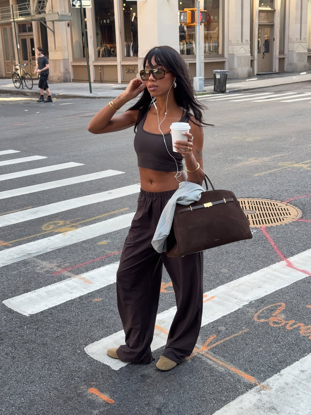 Dark Brown Wide Leg Pants with Tan Mules — Cute Sweatpants Outfit Inspo
