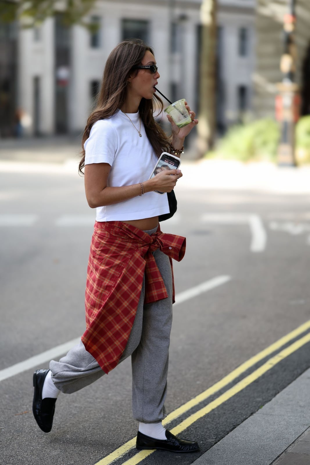 Grey Sweatpants with Plaid Shirt Tie — Cute Sweatpants Outfit Inspo