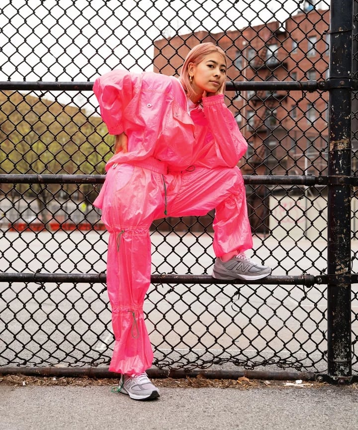 Shiny Pink Track Suit with Grey Sneakers — Cute Sweatpants Outfit Inspo