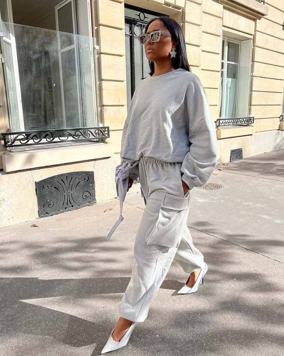 Grey Cargo Sweatpants with White Heels — Cute Sweatpants Outfit Inspo