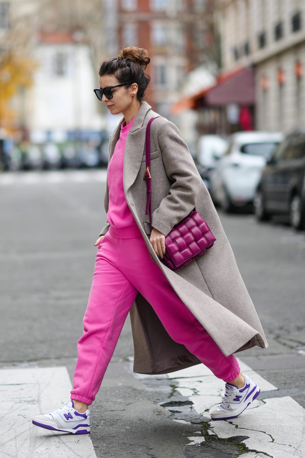 Bright Pink Sweat Suit with Oversized Coat — Cute Sweatpants Outfit Inspo