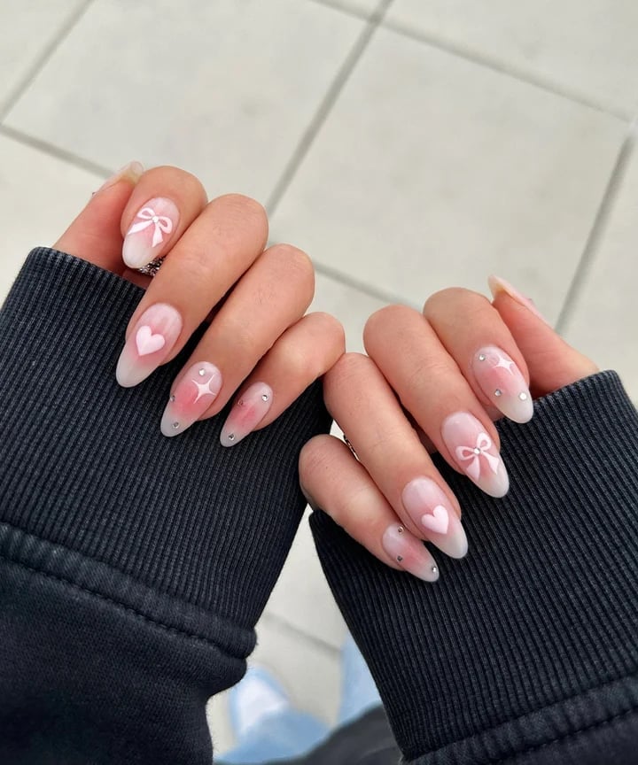 Milky White Almond with 3D Bows and Hearts Milky White Almond with 3D Bows and Hearts — Cute Trendy Nails