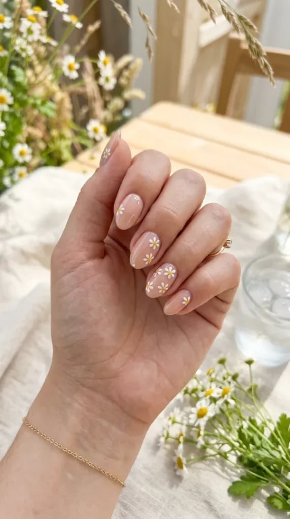 Short Oval Nude Daisy Design Short Oval Nude Daisy Design — Cute Trendy Nails