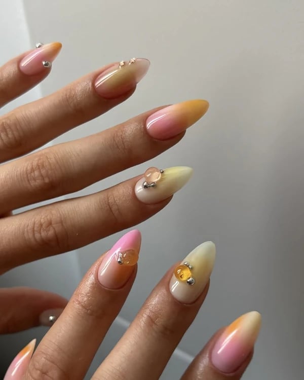 Long Stiletto Pink to Orange Gradient 3D Embellishments Long Stiletto Pink to Orange Gradient 3D Embellishments — Cute Trendy Nails