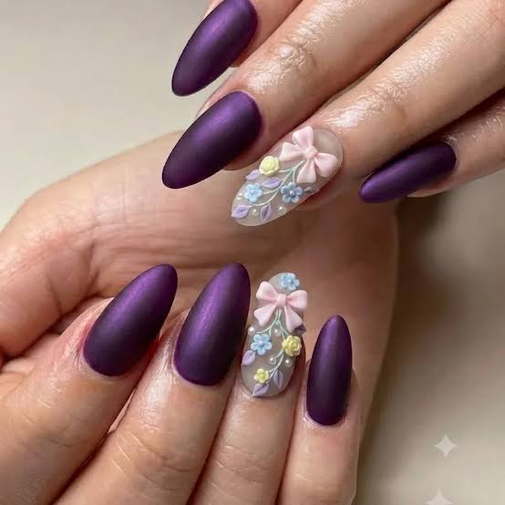 Long Almond Matte Purple with 3D Bows Long Almond Matte Purple with 3D Bows — Cute Trendy Nails