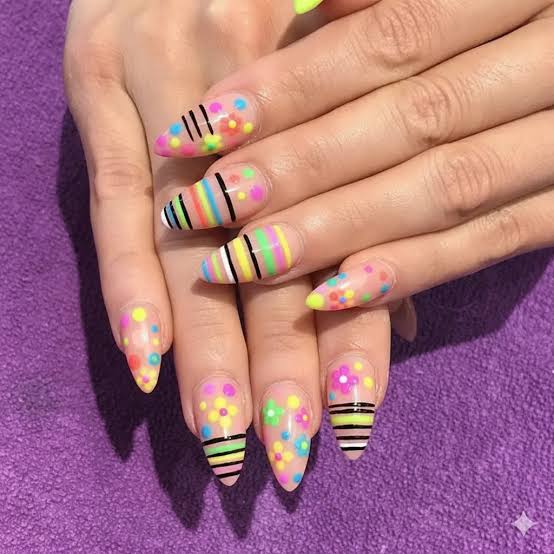 Long Stiletto Pink with Neon Dots and Stripes Long Stiletto Pink with Neon Dots and Stripes — Cute Trendy Nails