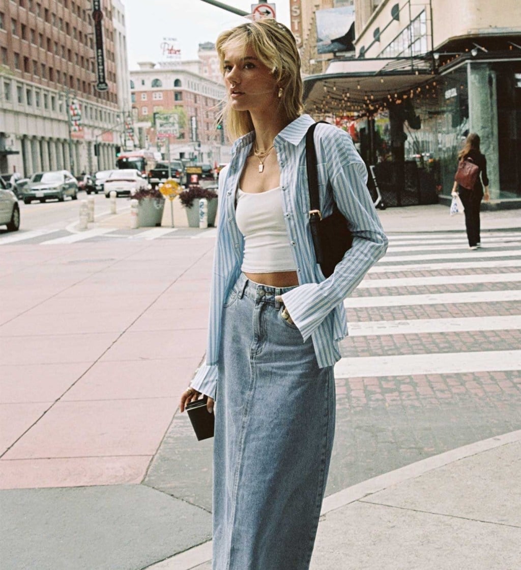 Striped Shirt With Denim Maxi Skirt Striped Shirt With Denim Maxi Skirt — Cute Unique Outfits