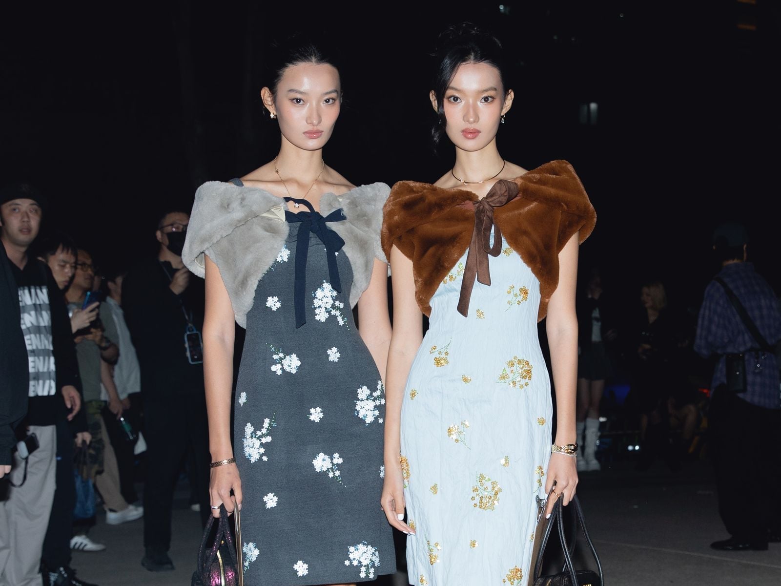 Embroidered Sheath Dresses with Faux Fur Shrugs Embroidered Sheath Dresses with Faux Fur Shrugs — Cute Unique Outfits