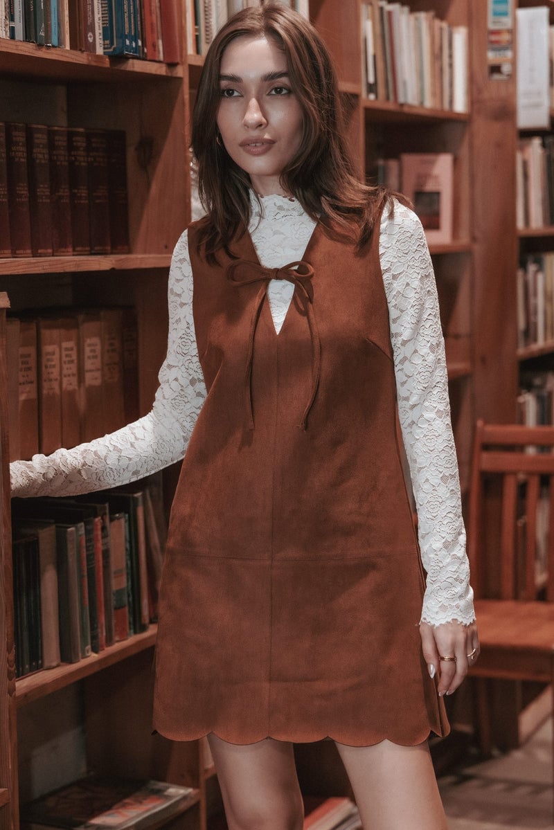 Suede Pinafore Dress Over Lace Top Suede Pinafore Dress Over Lace Top — Cute Unique Outfits