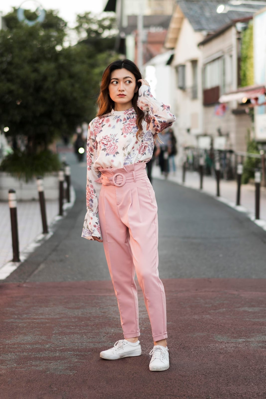 Floral Blouse with Pink Belted Trousers Floral Blouse with Pink Belted Trousers — Cute Unique Outfits