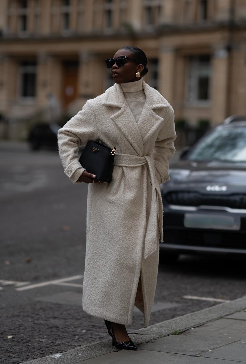 Textured Teddy Coat Over Neutral Turtleneck Textured Teddy Coat Over Neutral Turtleneck — Cute Unique Outfits