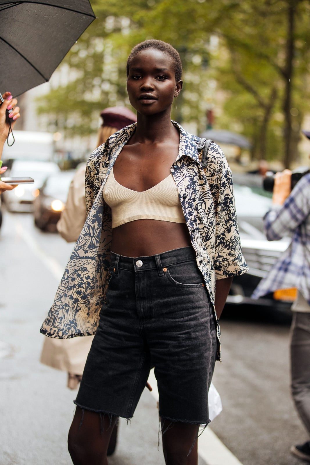 Printed Open Shirt Over Bralette with Denim Shorts Printed Open Shirt Over Bralette with Denim Shorts — Cute Unique Outfits