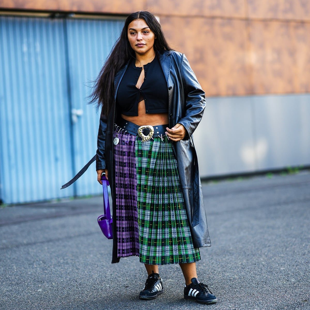 Leather Trench Over Plaid Midi Skirt Leather Trench Over Plaid Midi Skirt — Cute Unique Outfits
