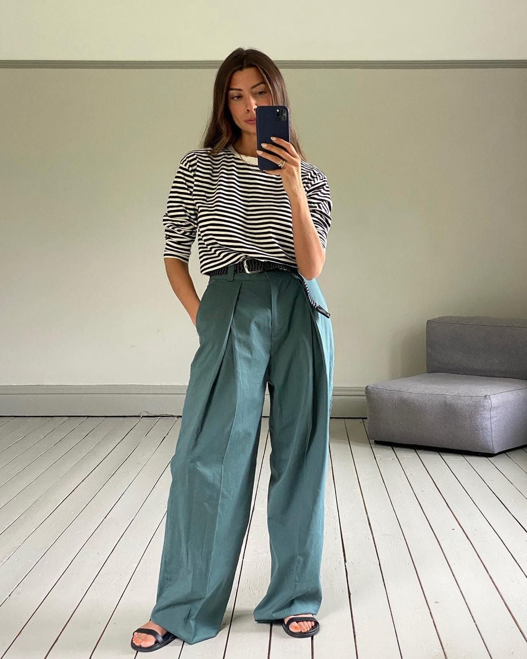 Striped Tee with Teal Wide-Leg Trousers Striped Tee with Teal Wide-Leg Trousers — Cute Unique Outfits