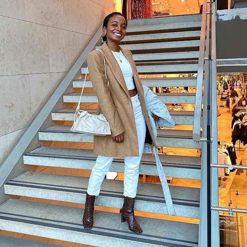 Camel Coat Over White Crop Top and Jeans Camel Coat Over White Crop Top and Jeans — Cute Unique Outfits