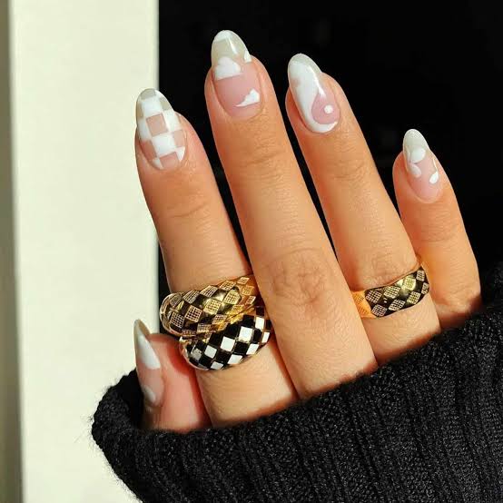Medium Almond White Checkerboard and Yin-Yang Nails Medium Almond White Checkerboard and Yin-Yang Nails — Cute White Nails