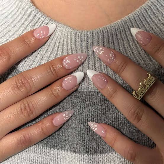Medium Almond Floral French Tip Nails, Glossy Medium Almond Floral French Tip Nails, Glossy — Cute White Nails