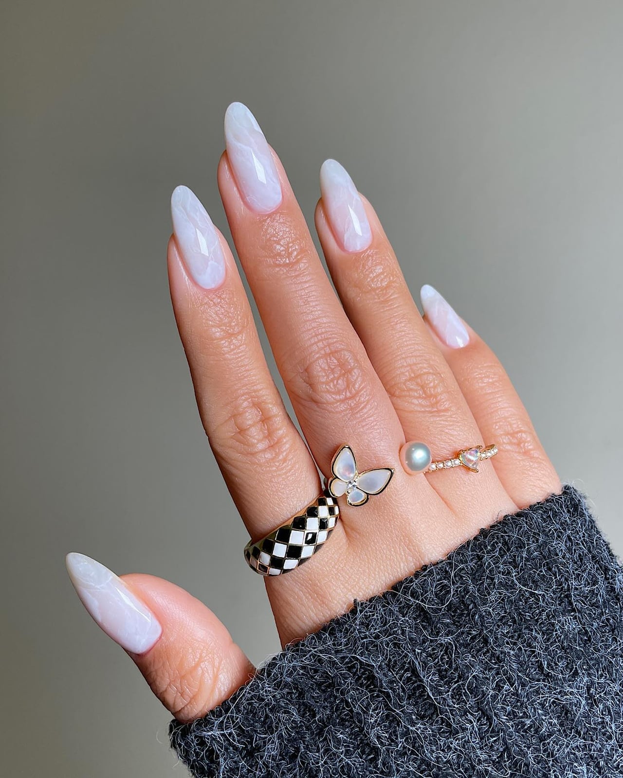 Long Almond Grey Marble White Nails Long Almond Grey Marble White Nails — Cute White Nails