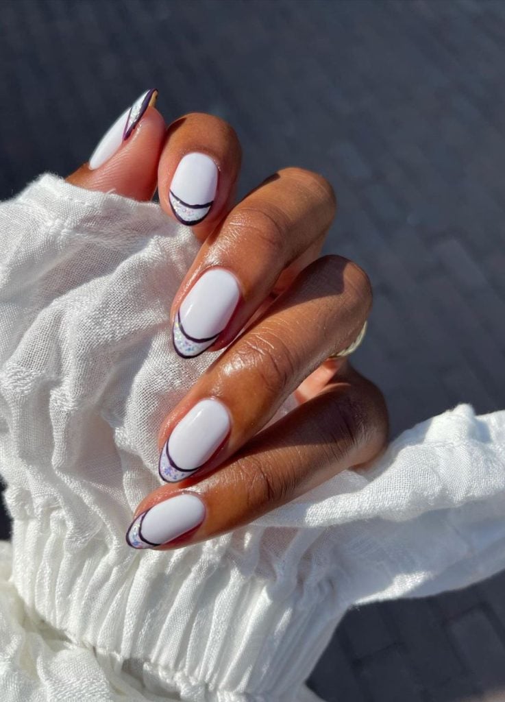 Medium Almond Dual-Tone Purple and White French Tips Medium Almond Dual-Tone Purple and White French Tips — Cute White Nails