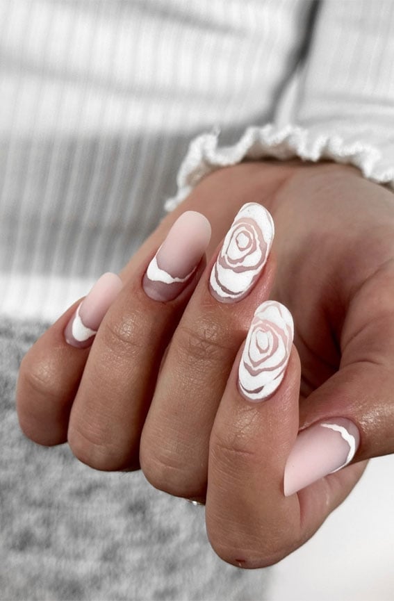 Medium Oval Matte Pink Nails with White Rose French, Close-Up Take Medium Oval Matte Pink Nails with White Rose French, Close-Up Take — Cute White Nails