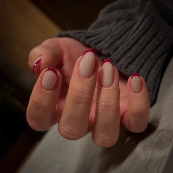 Medium Almond Wine Red French Tip Nails Medium Almond Wine Red French Tip Nails — Cute Wine Nails