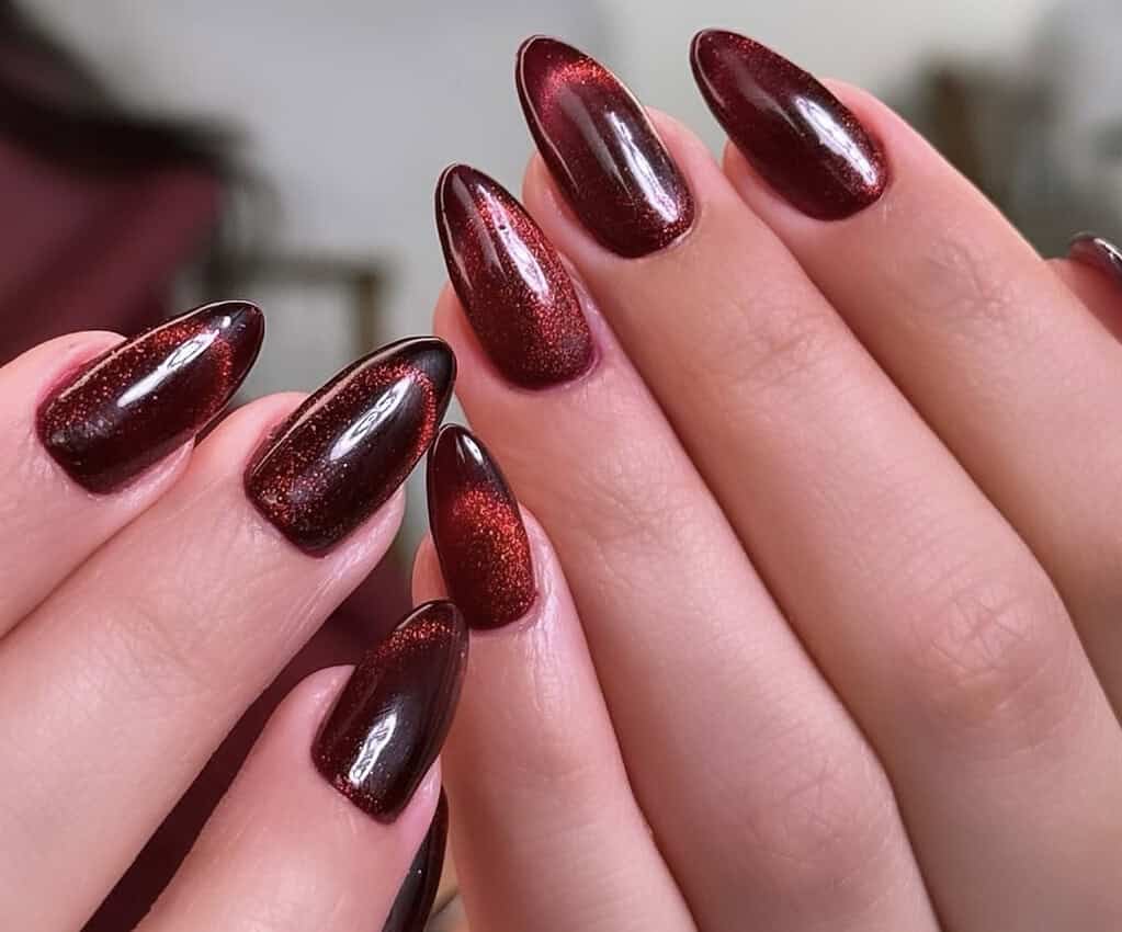 Dark Wine Red Cat-Eye Medium Almond Nails Dark Wine Red Cat-Eye Medium Almond Nails — Cute Wine Nails