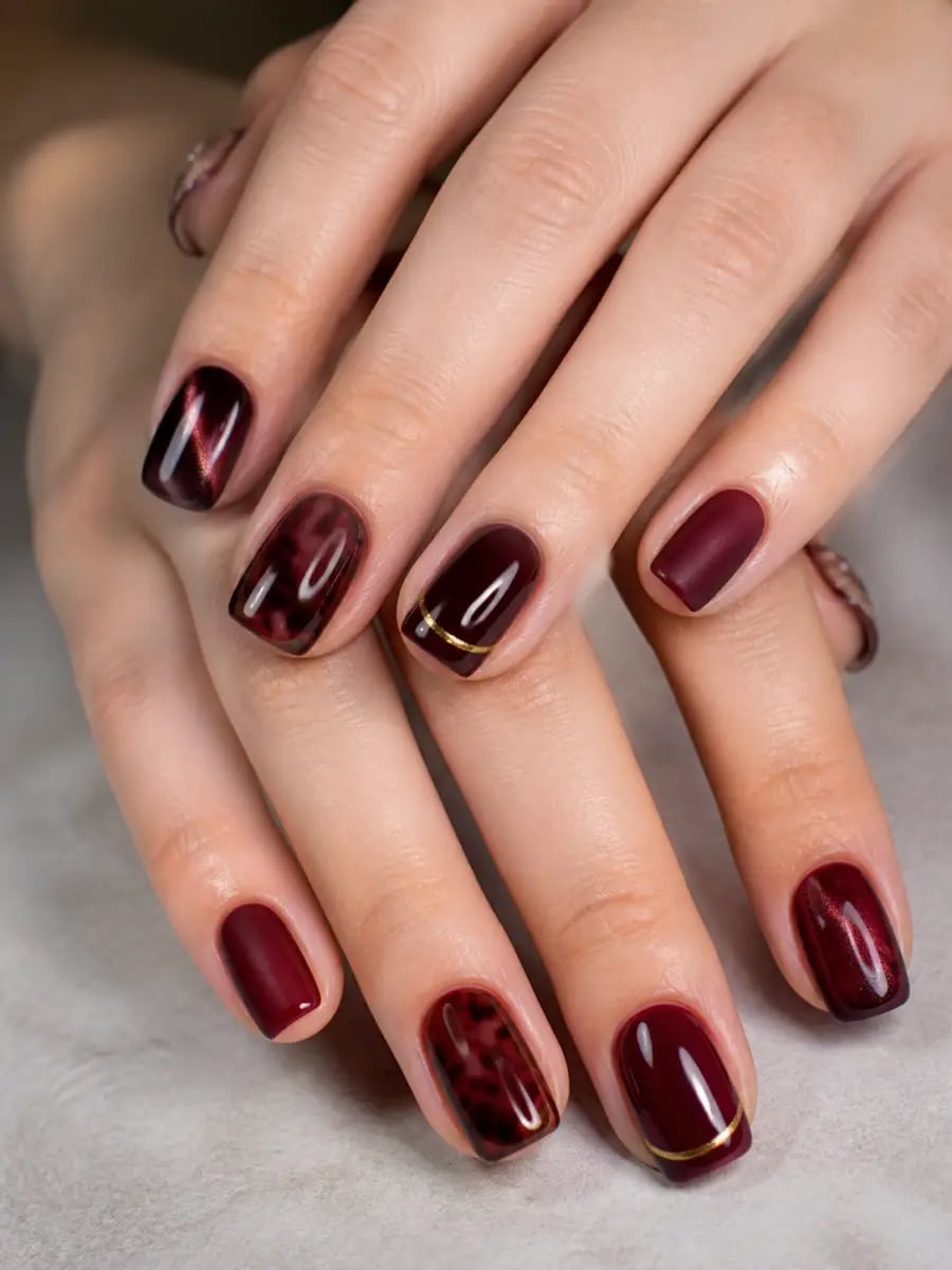 Burgundy Cat-Eye Short Square Tortoiseshell Nails Burgundy Cat-Eye Short Square Tortoiseshell Nails — Cute Wine Nails